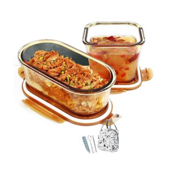 创得 琥珀色耐热玻璃饭盒保鲜盒玻璃碗套装+保温包+餐具