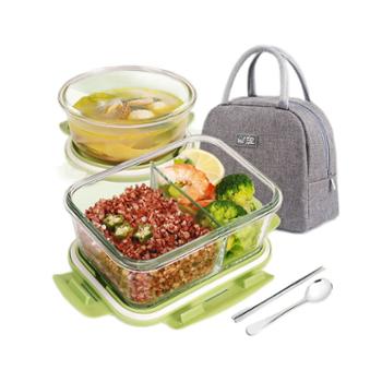 创得&nbsp;耐热玻璃饭盒保鲜盒玻璃碗套装+保温包+不锈钢餐具