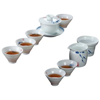 陶立方 白瓷手绘陶瓷功夫茶具套装青花三鱼图茶具组合