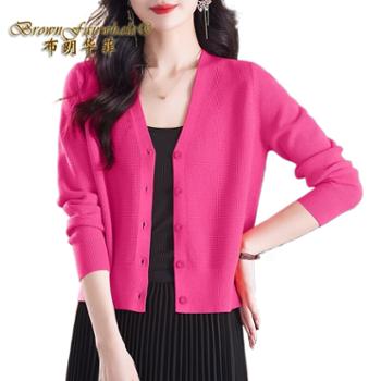 布朗华菲/BrownFairwhale 女士针织衫 V领长袖薄款纯色开衫短款毛衣201