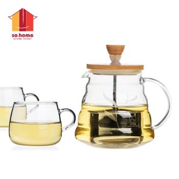 sohome 风尚竹木系茶具三件套 耐热玻璃茶壶过滤泡茶壶 茶水分离