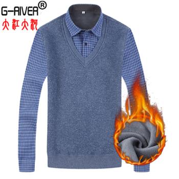 大江大河/G-RIVER 加绒保暖假两件套T恤男 亦T恤亦衬衫 L-4XL