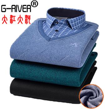 大江大河/G-RIVER 加绒保暖假两件套衬衫男 时尚拼接v领