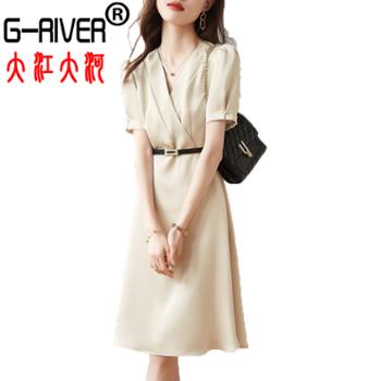 大江大河/G-RIVER 女式简约气质设计感V领短袖连衣裙 百搭舒适,时尚显瘦,优雅气质 M-2XL