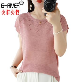 大江大河/G-RIVER 女式圆领镂空薄款竹节棉麻短袖T恤打底衫 亲肤透气,舒适柔软 M-2XL