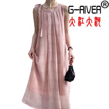 大江大河/G-RIVER 女款韩系绑带设计感复古宽松中长连衣裙 名媛气质、时尚潮流 均码