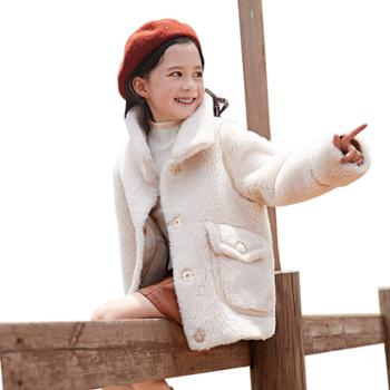女童外套童装大衣韩版女孩中长款皮毛一体颗粒绒一K018