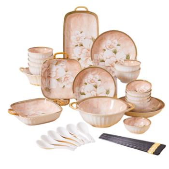 唯铭诺 山茶花陶瓷碗碟套装33头礼盒装 家用釉下彩碗盘餐具整套