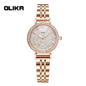 欧力嘉女士镶钻手表小众高级感学生石英表女实心钢带防水腕表6636L