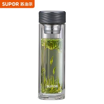 苏泊尔（SUPOR）玻璃杯双层透明茶杯便携高档水杯男士商务杯办公室340ML泡茶杯子 KC34GR10灰黑色